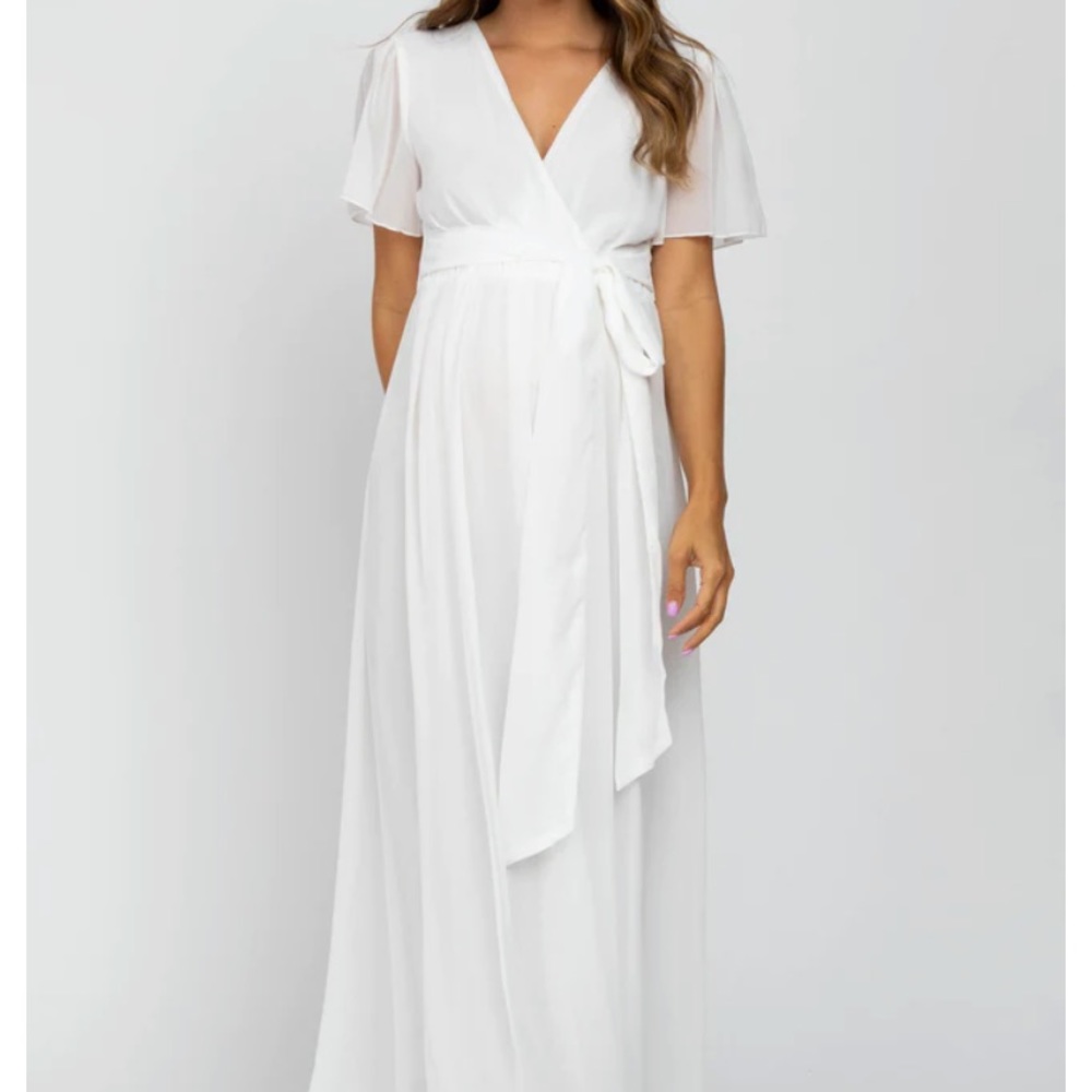 NWT PinkBlush White Chiffon Short Sleeve Maternity Maxi Dress, Medium